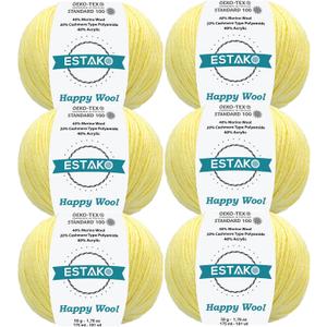 Estako Happy Wool (6 Skeins Pack) 40% Merino Wool 20% Cashmere Type Polyamide 40% Acyrlic Fingering Weight Soft Knitting and Crochet Yarn (6 x 1.76 oz) (6 x 191 yds) (8033 - Lemon)