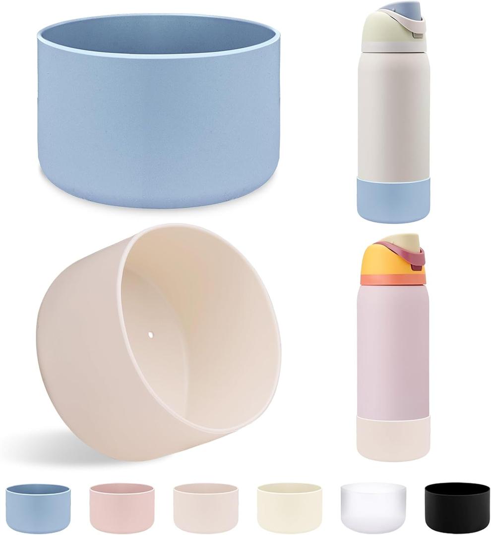 2Pcs Silicone Boot Sleeve for Owala Water Bottle FreeSip Twist and Flip Protective Silicone Bottom Base Bumper for Owala Flask Water Bottle BPA Free, Anti-Slip (Owala 32 Ounce, Cream/Blue)