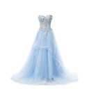 WOWBRIDAL Women's Blue Lace Symmetrical Peplum Long Prom Dress (Size: Medium)