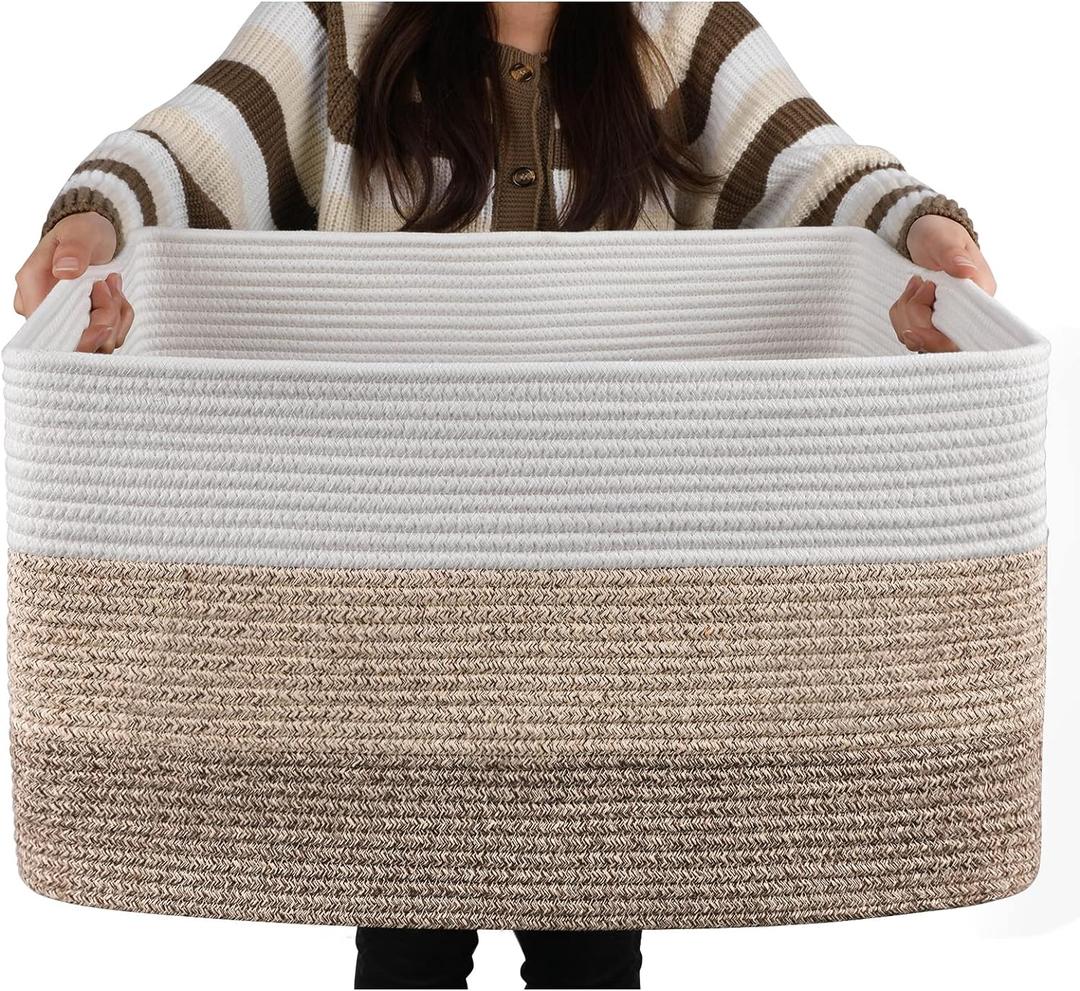OIAHOMY Large Blanket Basket, 22x17x12 Rectangle Woven Baskets, Nursery Blanket Storage Living Room, Toy Storage With Handle, Large Baskets for Organizing-Gradient Yellow