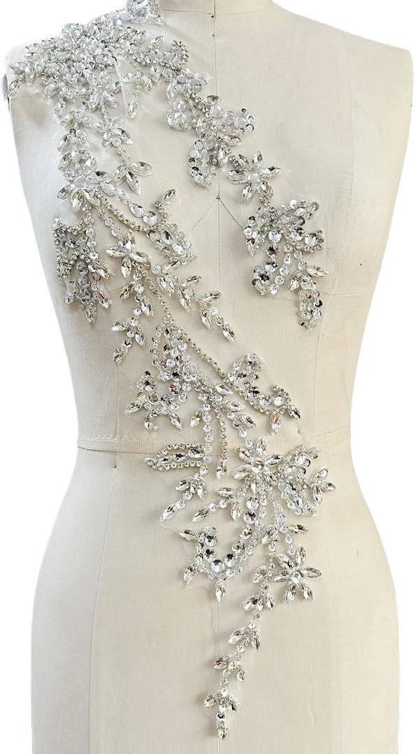 SaeYz Handmade Shining Acrylic Rhinestones on lace Applique Sequins Trimming Patches for Dress Clothing Accessories 4.3X23.6in (Silver)