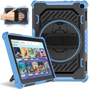 ROISKIN Case for Fire HD 8 & HD8 Plus Tablet - 360 Rotating Kickstand & Hand Strap - Kids Friendly (Blue-Black)