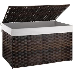 OIAHOMY Large Storage Basket with Lid, 42.3 Gallon (160L) Blanket Basket with Removable Liner Bag, Wicker Hamper with Handle, Foldable, Hamper for Bedroom, Brown