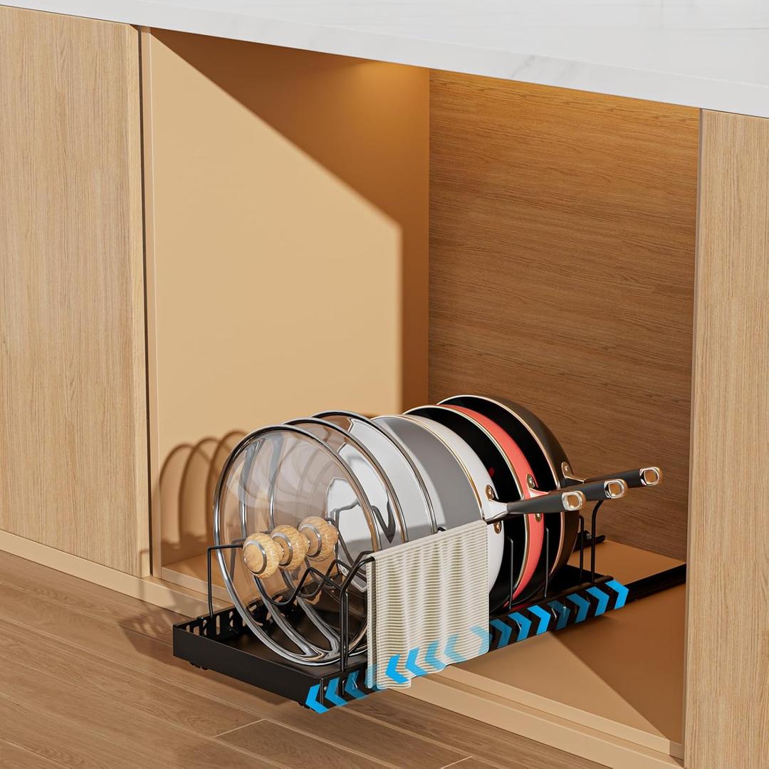 Pots and Pans Organizer Under Cabinet, Pull-out Pots and Pans Organizer, Under Cabinet Pot Lid Holder, Sliding type Pots and Pans Storage with 8 Adjustable Dividers & Handle Bracket - Black
