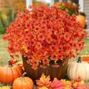 24 Bundles Artificial Fall Flowers Outdoor UV Resistant Fake Mums Bulk Outdoor Faux Mums Plants Plastic Flower Decorations for Home Garden Porch Hanging Planter Vase Autumn Decor Outside, Orange