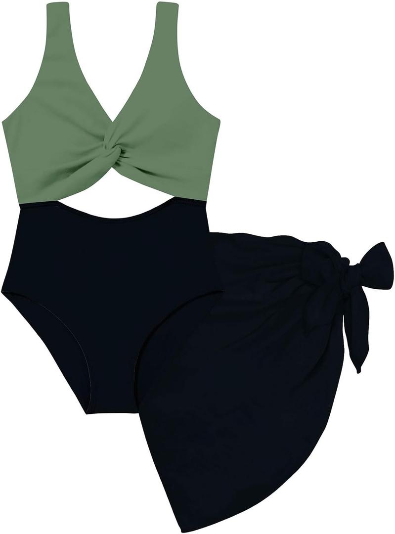 Funnycokid Girls One Piece Swimsuit Color Block Teen Bathing Suit with Pad Cover Up Skirt(7-16Y)