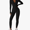 ECUPPER Women Long Sleeve Bodycon Jumpsuits Workout Zip Up Unitard One Piece Full Bodysuits Sexy Yoga Rompers Pants M
