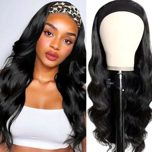 Comfair Headband Wig Human Hair Body Wave 30 Inch Glueless No Sew Headband Wig 100% Brazilian Virgin Hair 180% Dencity Wear and Go Headband Wigs for Black Women Natural Color Beginner Friendly