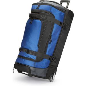 Amazon Basics 35-Inch Large Rolling Duffel Bag for Travel with Wheels and Handle, Durable Ripstop Polyester, 2 Layers of Space, Multiple Interior and Exterior Pockets, Blue