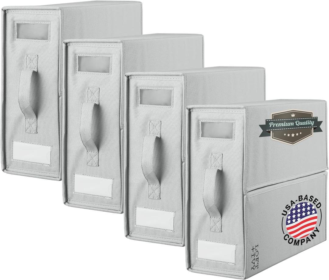 LOFT + IVY Sheet Organizers and Storage  Bed Sheet Holders Box for Linen Closet, Foldable Bedding Storage with Handles, Label Slot, Closure (Pack of 4, Grey)