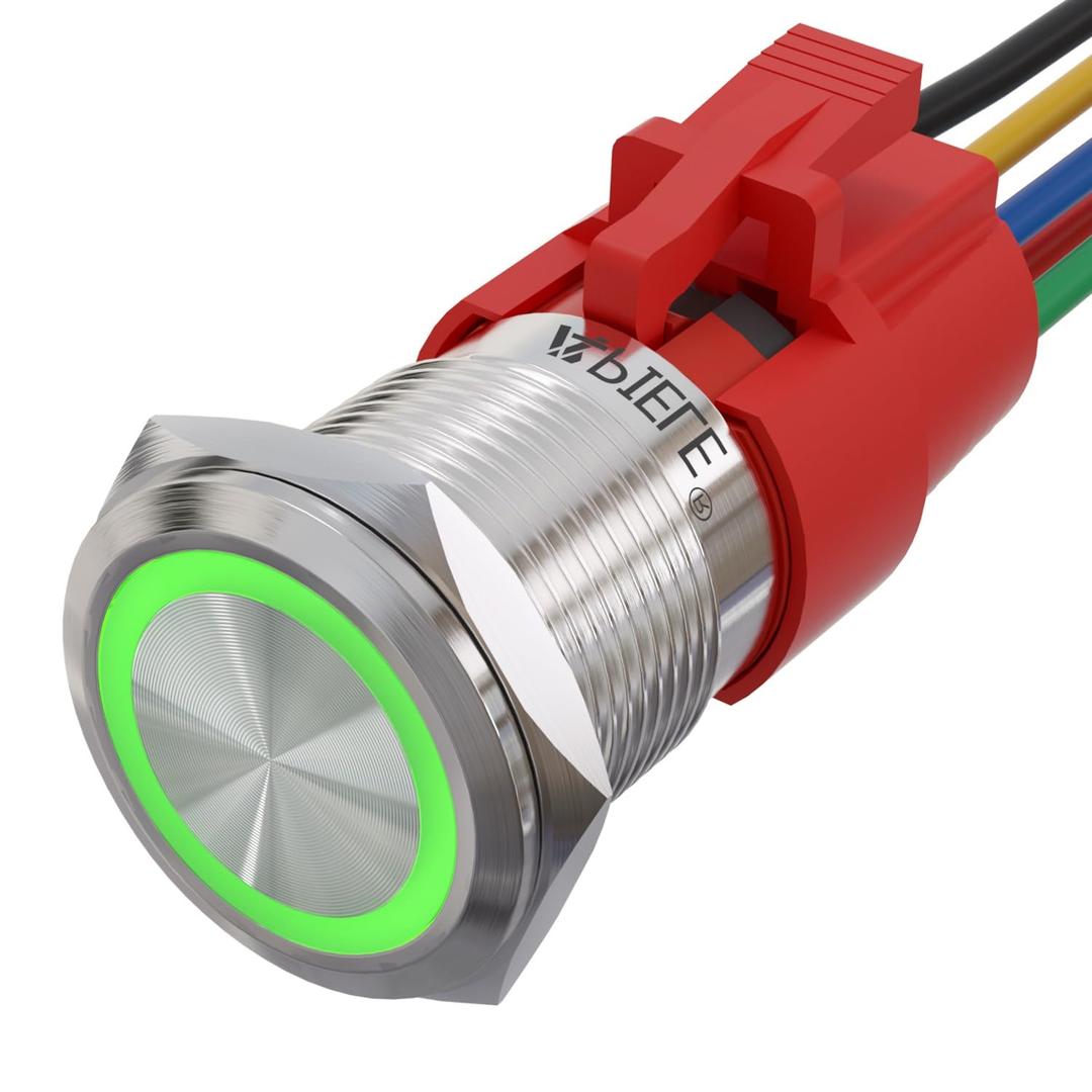 APIELE 19mm Momentary Push Button Switch On Off Stainless Steel with 12V LED Angel Eye Head for 19mm 3/4 Mounting Hole with Wire Socket Plug Self-Reset (Green) (Silver Shell, Silver Shell-Green)