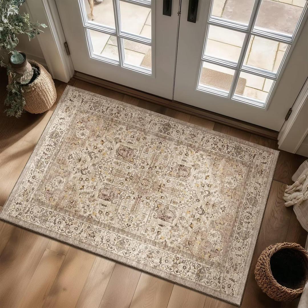 3x5 Entryway Rug, Washable Non-Slip Door Mat Boho Small Rugs for Kitchen Nursery Office Bedroom, 0.3" Vintage Neutral Oriental Throw Carpet with Cushioning Pad, Camel/Multi
