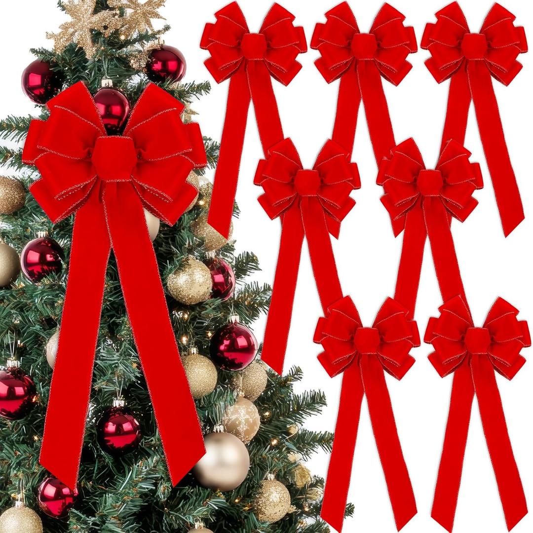 8 Pcs Large Christmas Bow 26 x 12 in Christmas Red Velvet Bows Golden Edged Xmas Tree Topper Ornament Bows Outdoor Decoration for Xmas Home Wreath Tree Front Door Holiday Party Supplies