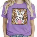 Cute Easter Bunny T-Shirt for Women - Funny Leopard Glasses Rabbit Graphic Tee, Sassy Bubblegum Spring Holiday Top