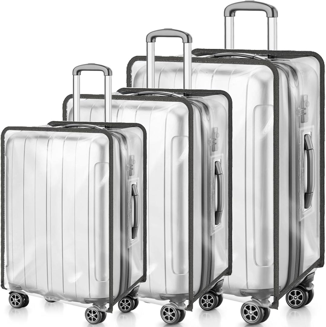 WRINGKIT 3 Pieces Clear Luggage Cover, PVC Suitcase Cover, Waterproof Dustproof Suitcase Covers Protector with Black Border for 20" 24" 28" Wheeled Luggage
