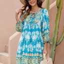 Qearal Women's Casual V Neck 3/4 Sleeve Boho Floral Printed Loose Short Flowy Summer Beach Vacation Dress (Blue, S)