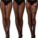 Bencailor 3 Pairs Christmas Women Fishnet Stocking Floral Tight Legging Stockings Small Hole High Pantyhose Waist Lace (Medium, Black)
