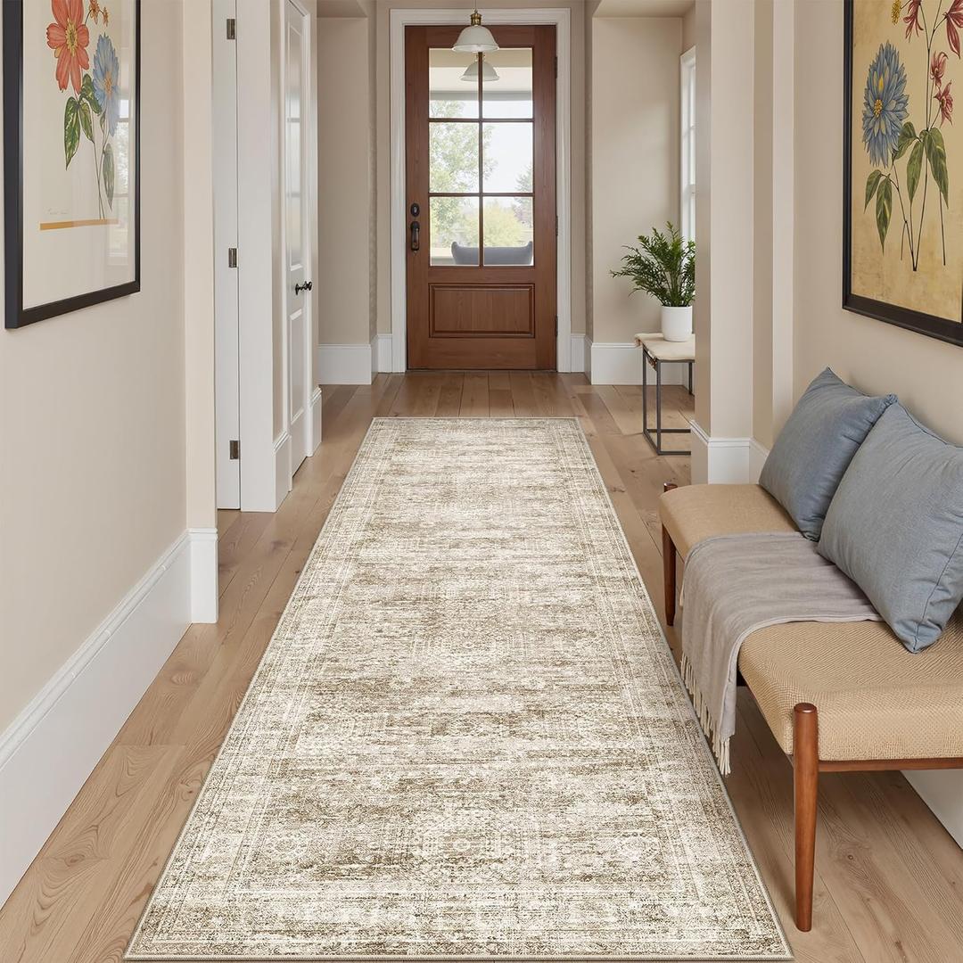Runner Rug 2'6" x 10' Washable Non-Slip Runner Rugs for Kitchen Bathroom Laundry Room Vintage Ultra Thin Runners for Hallway Entryway Brown