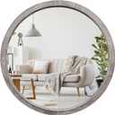 30" Round Wood Mirror, Large Round Mirror with Beveled, Wood Round Mirrors for Wall Decor, Rustic Circle Wall Mirrors for Entryway, Living Room, White Washed Frame
