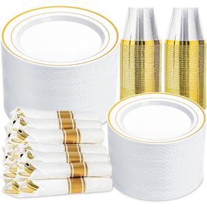 350 PCS White and Gold Plastic Dinnerware Set for 50 Guests, Disposable Party Plate for 50 Guests, Include: 100 Plastic Plates, 50 Pre Rolled Napkins with Gold Silverware, 50 Cups