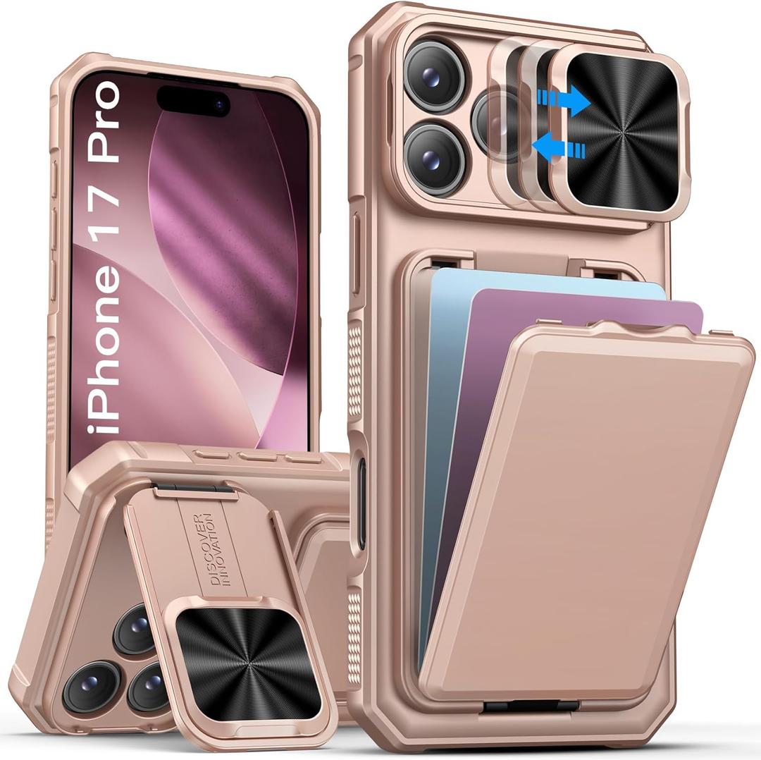 SSLOTSCASE for iPhone 17 Pro Case with Wallet & Sliding Lens Cover & Kickstand & Credit Card Holder & Camera Stand, Military-Grade Protection Hard Phone Case Cover for iPhone 17 Pro 6.3'', Rose Gold