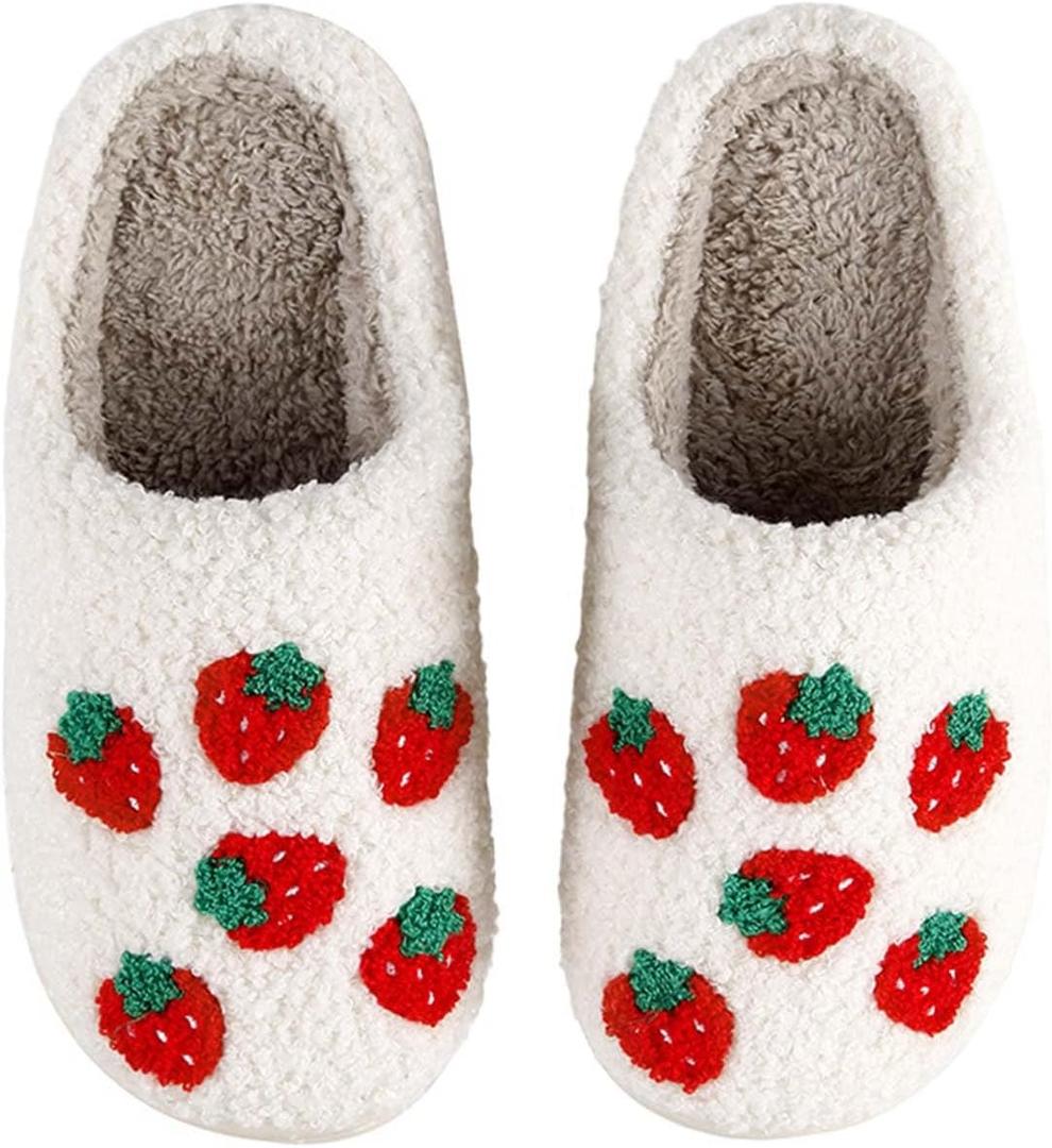 Comfy House Slippers For Women Men, Ladies Fuzzy Bedroom Slippers,indoor Outdoor Memory Foam Shoes (5-6 Women/4.5-5 Men, 1-strawberry)