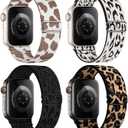 4 Pack Stretchy Solo Loop Compatible with Apple Watch Bands 38mm/40mm/41mm/42mm Women Men, Sport Nylon Elastic Straps Wristbands for iWatch Series 11/10 (StarlightLeopard/YellowLeopard/BlackLeopard/PinkLeopard)