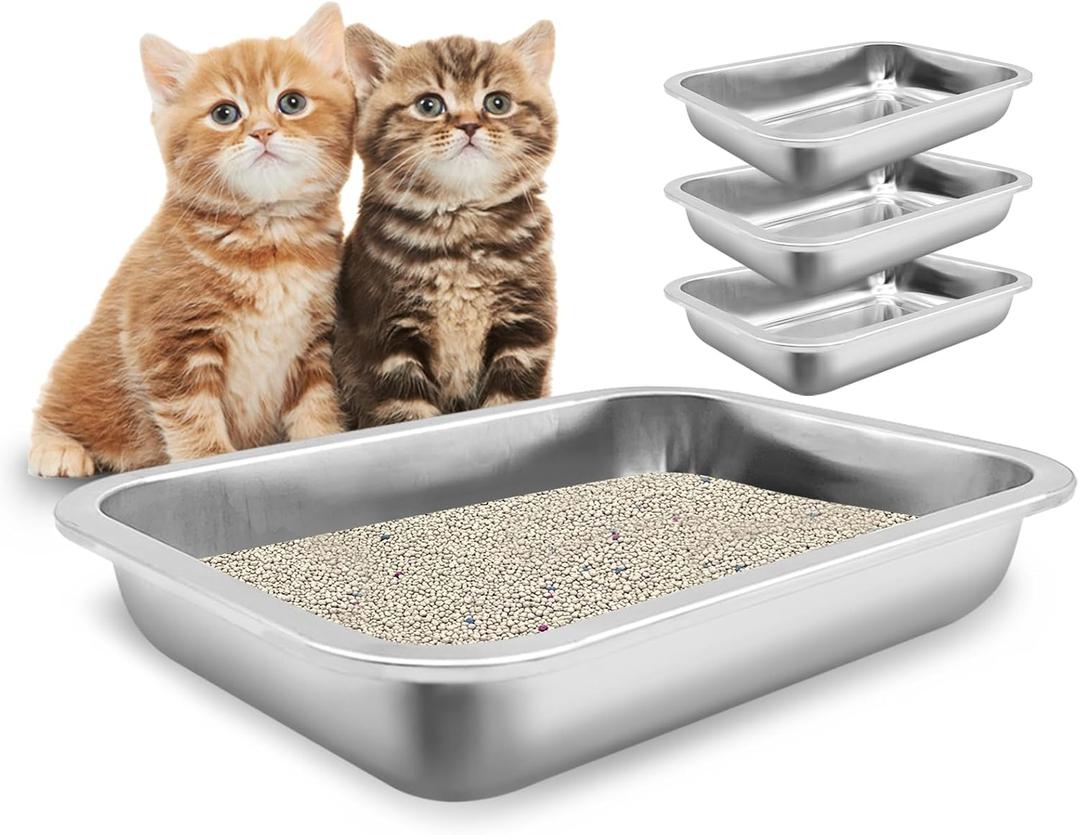 Fhiny 4Pack Stainless Steel Kitten Litter Box, Small Size Low Entry Metal Cat Open Litter Pan Potty Kitten Training Toilet Odor Control Smooth Surface (2XL:15.7 11.8 2 in)