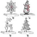 GUOER 4 Pack Snowflake Christmas Stocking Holder Set for Mantle Christmas Decorations Mantle Fireplace Topper-Snowman Reindeer and Christmas Tree Hangers Decorative Metal Hanger (Red Rhinestone)