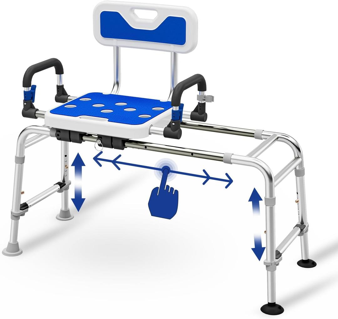 Sliding Shower Chair for lnside Shower & Bathtub, Bath Seat for Elderly | Sliding Tub Transfer Bench with Arms and Back, 500lbs & 5 Levels Adjustable Height, Aluminum Body and Suction Cups