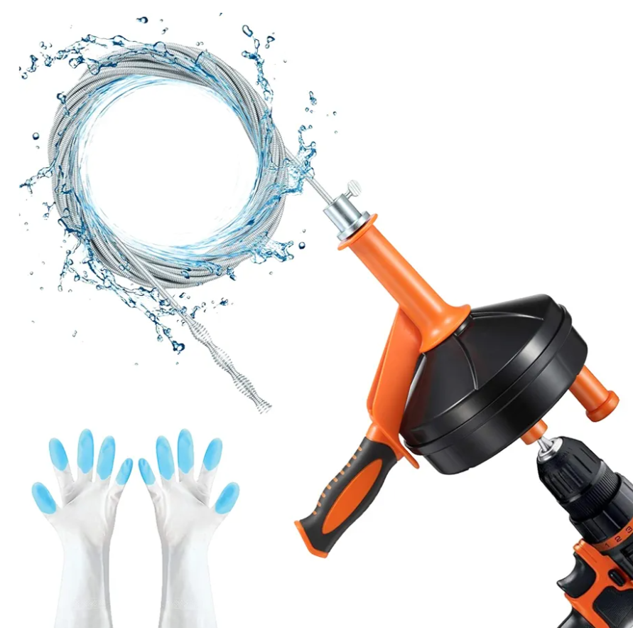 Drain Auger, Clog Remover with Drill Adapter, 25 Feet Flexible Plumbing Snake Use Manually or Powered for Kitchen,Bathrom and Shower Sink, Comes with Gloves (orange)