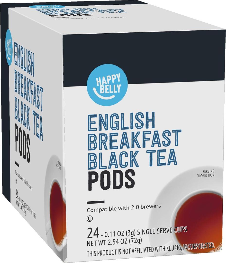Amazon Brand - Happy Belly Tea Pods, English Breakfast, 24 Count, Compatible with 2.0 K-Cup Brewers (EXP 12/29/26)