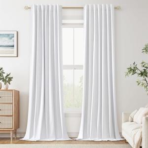 Guken White Linen Blackout Curtains 96 Inch Length 2 Panels Set for Living Room Bedroom Back Tab Thermal Insulated 100% Black Out Linen Drapes Room Darkening Window Curtains 96 Inches Long White