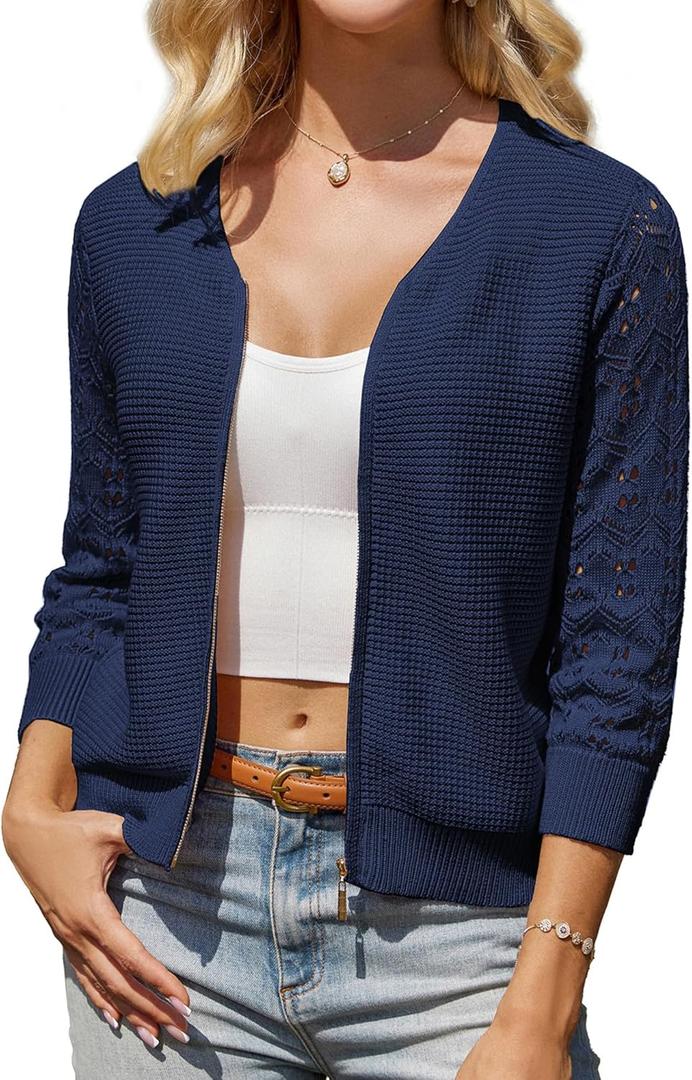 GRACE KARIN Womens Lightweight Summer Cardigan 3/4 Sleeve Cropped Cardigan Dressy Zip Up Sweaters Jacket Clothes (Small, Navy Blue)