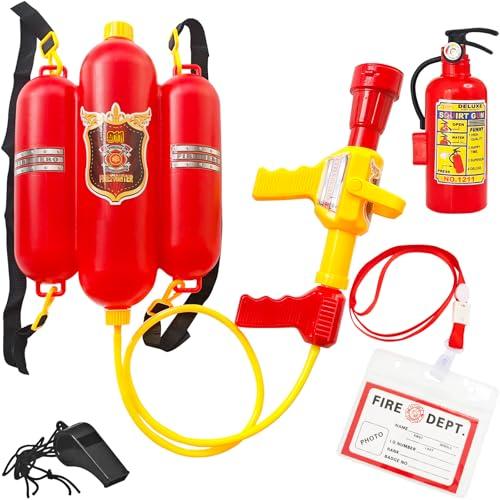 5 Piece Kids Fireman Costume Set,Firefighter Water Gun Blaster Backpack,Firefighter Water Sprayer Toys,Tank with Hose Shooter for Outdoor Play Boys & Girls