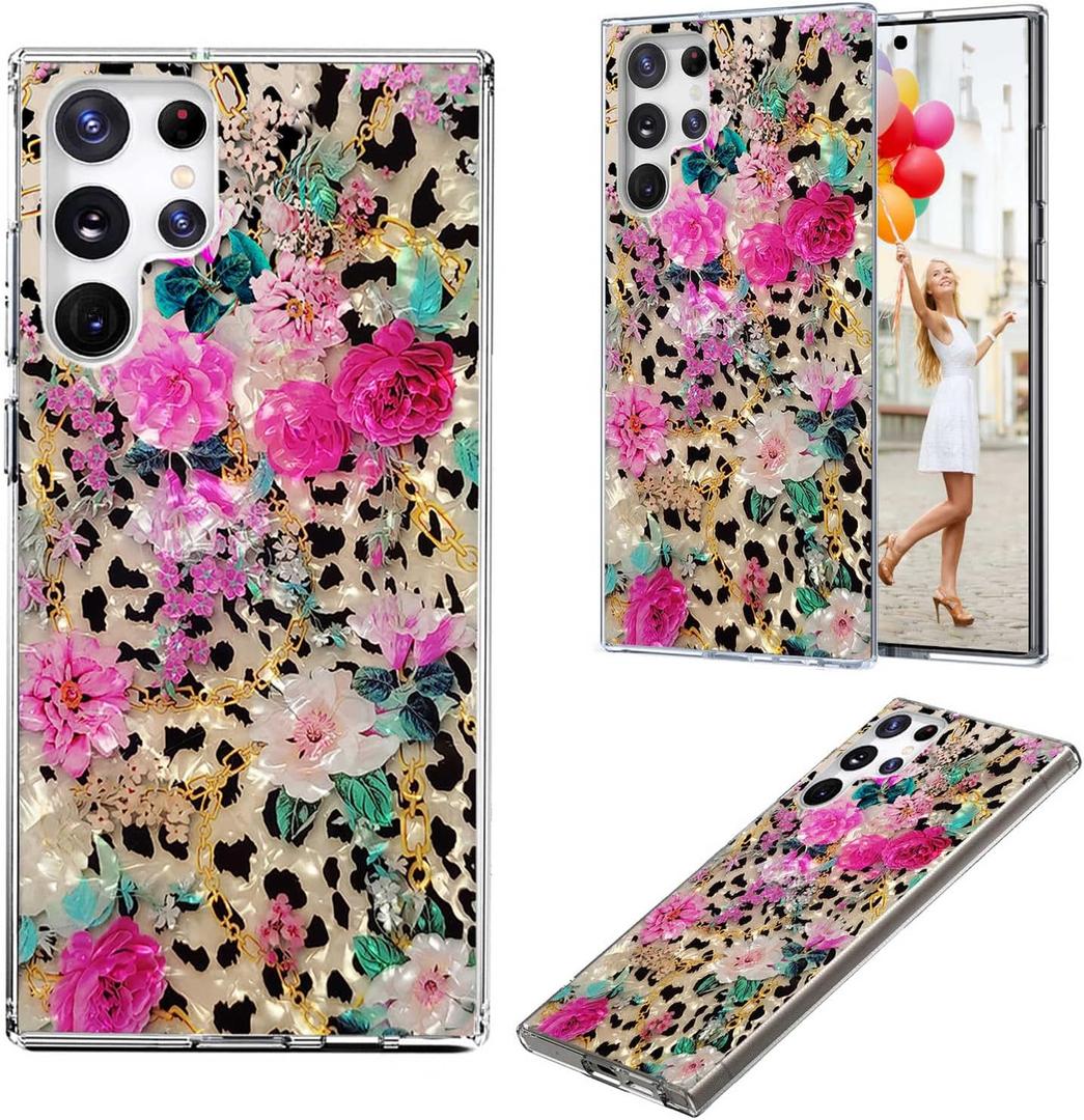 for Samsung Galaxy S25 Ultra Case for Girl Women, Full Protective Shockproof Slim Soft TPU Clear Phone Cover for S25 Ultra,Glitter Sparkle Shiny Pearl Luster Leopard Print Pink Flower Floral