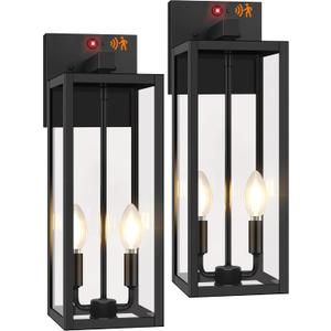 2-Pack Upgraded Motion Sensor Outdoor Wall Lights, 18” Large Dusk to Dawn Porch Lights Outdoor Wall Sconce Lantern, 3 Lighting Modes Exterior Lighting Fixtures, Black Outside Lights for House Garage, 18in