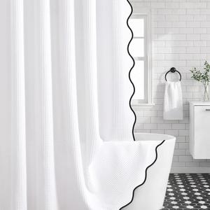 Waffle Scalloped Shower Curtain White Cotton Fabric Shower Curtains for Bathroom 72''W  72''L