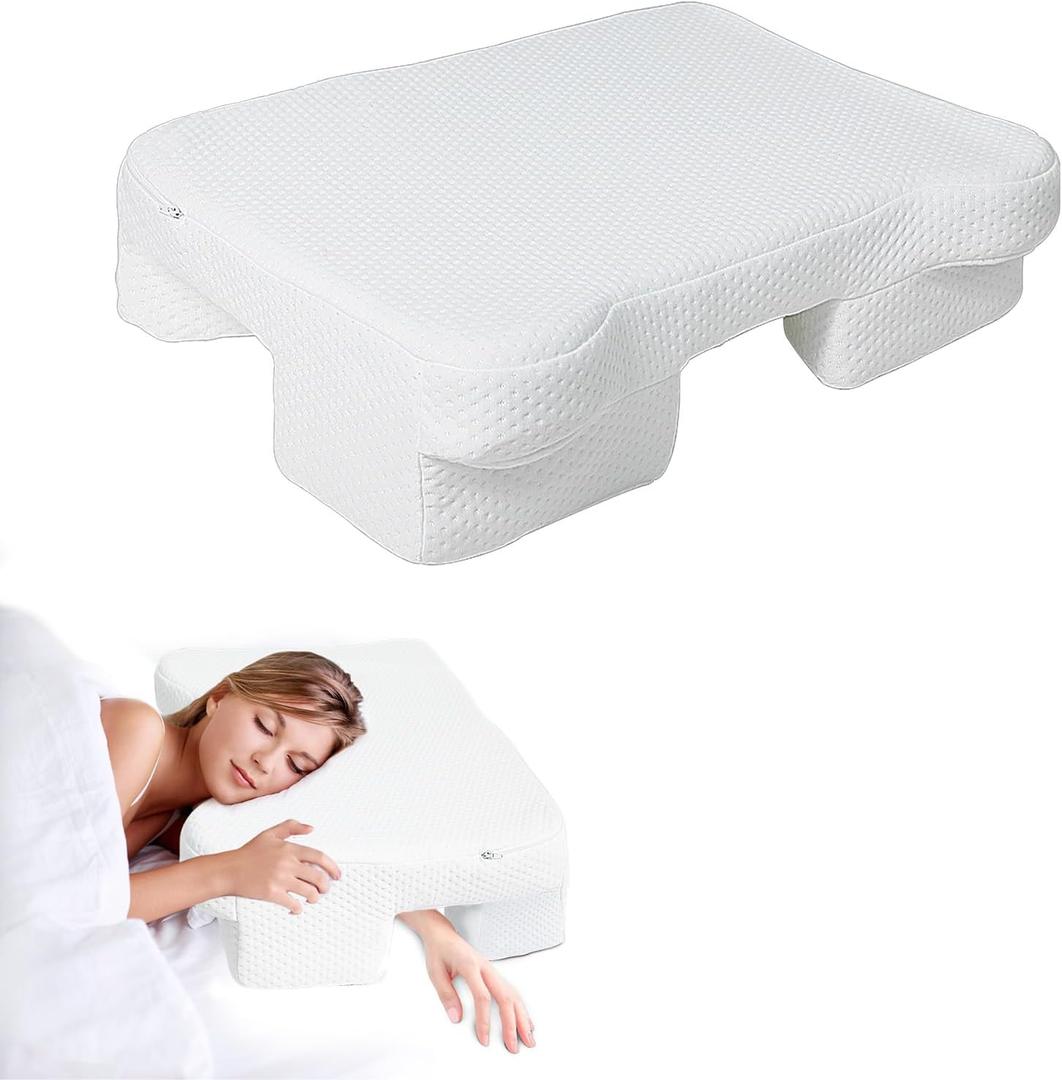 Side Sleeper Pillow with Arm Hole, Contour Memory Foam Pillow, Ergonomic Design for Side Sleeper for Neck and Shoulder Pain Relief - White