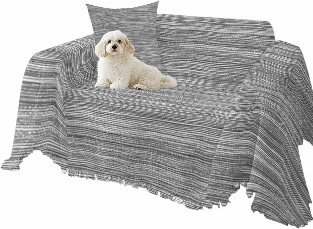 Couch Cover Sofa Covers, Vintage Gray Tassel Single Couch Covers Armchair Blanket, Country Farmhouse Abstract Minimalist Art Decorative Sofa Slipcovers for 1 Seat Cushion Couch, S, 71"x91" (Grey)