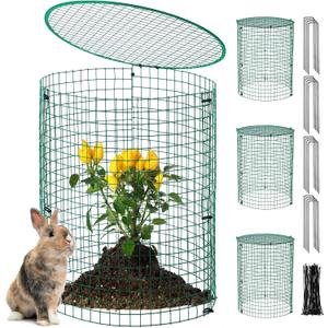 4 Pack Garden Plant Protectors from Animals with Stakes, Metal Mesh and Detachable Covers Wire Plant Cage for Keeping Bunny Animals Out, Chicken Wire Cover Garden Protect (15.7 * 13 in)