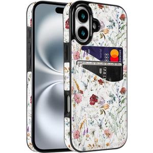 for iPhone 16 6.1 inch Case with Card Holder Soft Leather Wallet Case Protective Shockproof Hard Cover for Women Girls (Vintage Flower, iPhone 16 6.1 inch)