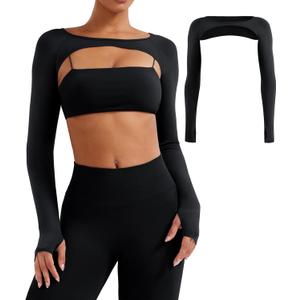 YEOREO Seamless Long Sleeve Shrug for Women Gym Crop Top Workout Cropped Sports Bolero (Medium, Black)