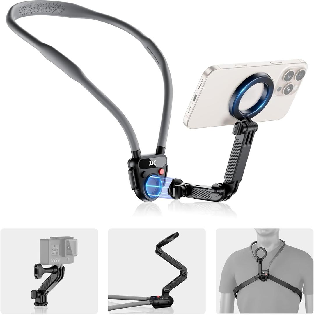 JJC Magnetic Neck Mount for Phone & Action Camera, POV Neck Holder for iPhone Android Phones Gopro Insta360 with Quick Release & Angles Adjustment for Content Creating Cooking Video Filming (Black)