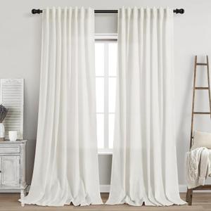 Nanspring Beige White Linen Curtains 90 Inches Long for Living Room 2 Panels Set Semi Sheer Vertical Curtains Back Tab Rod Pocket Coastal Room Decor Privacy Curtain for Bedroom/Dinner Room 60x90