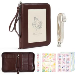 Bible Cover, Premium Leather Carrying Case with Handle & Zippered Pocket for Standard Size and Bible Accessories, Christian Inspirational Large Bible Bags, Ideal Gift for Women Men Lady Girls （Brown）