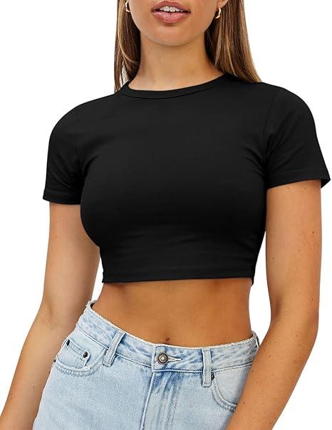 WYNNQUE Womens Crop Tops Cute Summer Scoop Neck Basic Tees Slim Fit Trendy Short Sleeve T Shirts for Teen Girls 2025
 (Large)
