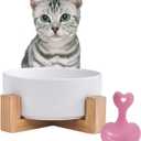 Ceramic Dog Cat Bowl with Wood Stand,Cat Food & Water Bowls Elevated Non-Spill Modern Cute Kitty Dishes Heavy Weighted Round Pet Dishes Set for Kitten Small Cat(White)