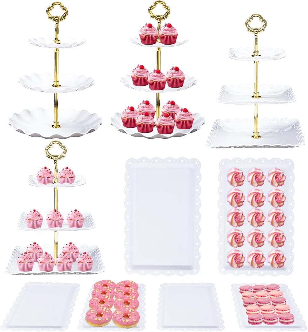 Frigg Dessert Table Display Set,10Pcs Cake Stand,4 Pcs 3 tiered Cupcake Stands and 6 Pcs Dessert Trays serving trays for Party Baby Shower Wedding Tea Party Decorations