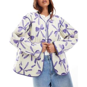 Women's Leopard Quilted Jacket Tie Front Lightweight Puffer Padded Coats with Pockets (Purple) XL